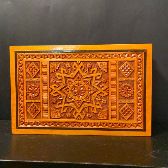 Wood Carved & Encrusted Hinged Storage Jewelry Decorative Box Ukrainian Made